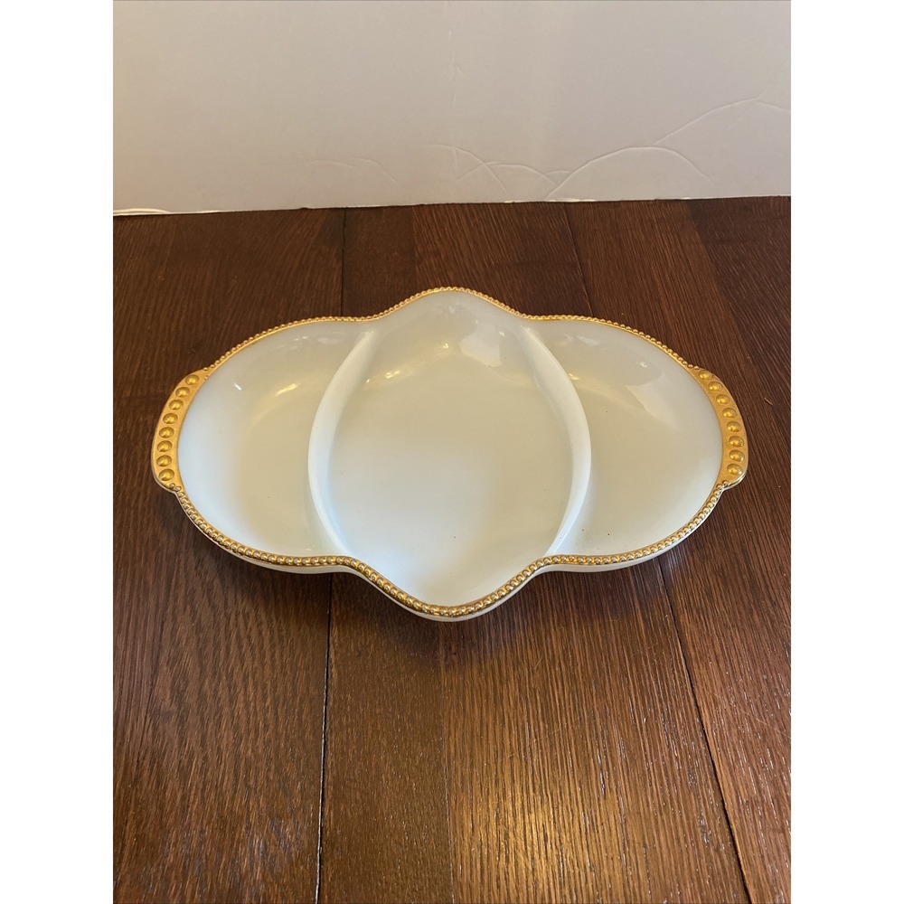 Vintage Fire King 3 Section Milk Glass Divided Serving Dish Bowl Gold Trim Bead
